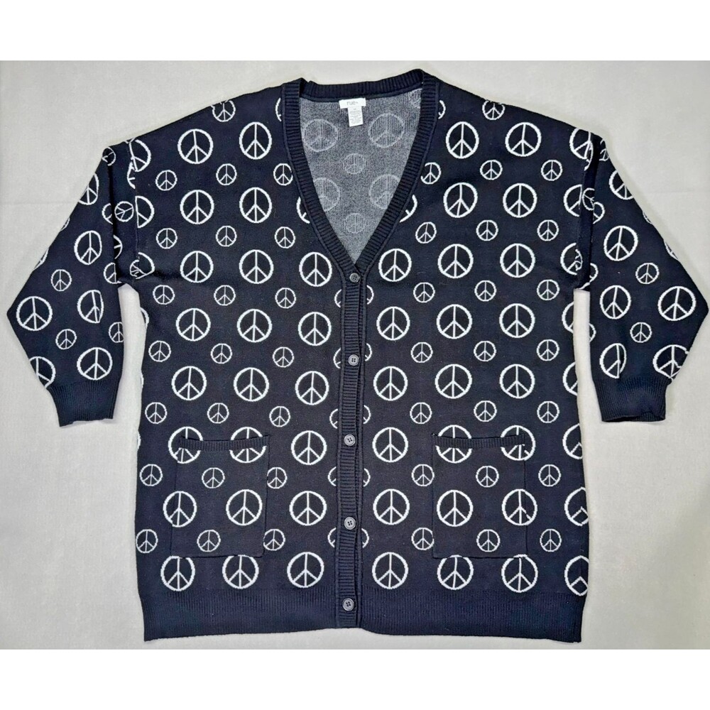 RUE + Women's 3X Black With White Peace Signs Cardigan Sweater Pockets
